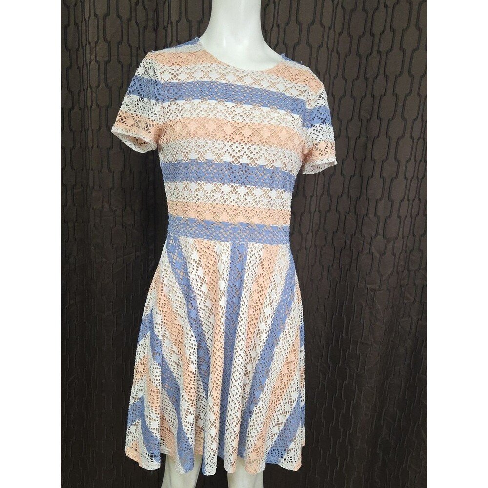 BCBGMaxAzria Peach and Light Blue Striped Lace Fit & Flare Dress